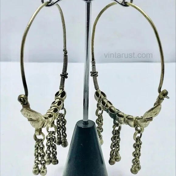 Vintage Tribal Hoop Earrings with Bells: Handmade Boho Jewelry - Picture 2 of 7